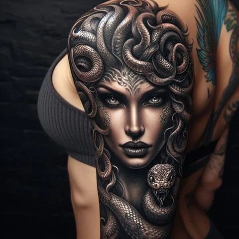 Medusa Tattoo on Shoulder and Upper Arm