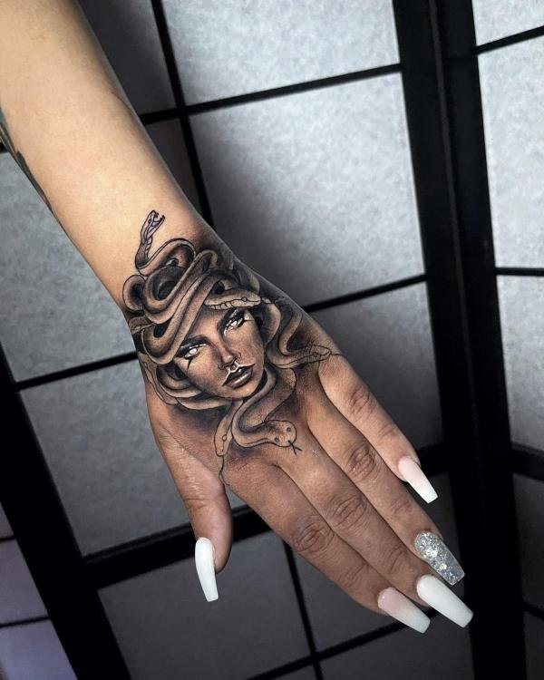 Medusa Tattoo on Hand and Wrist
